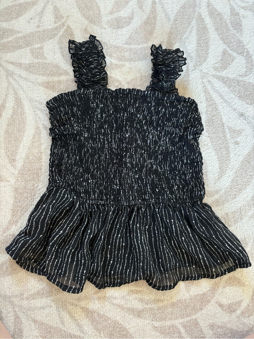 Black Ruffled Smocked Peplum Tank with White Stripe